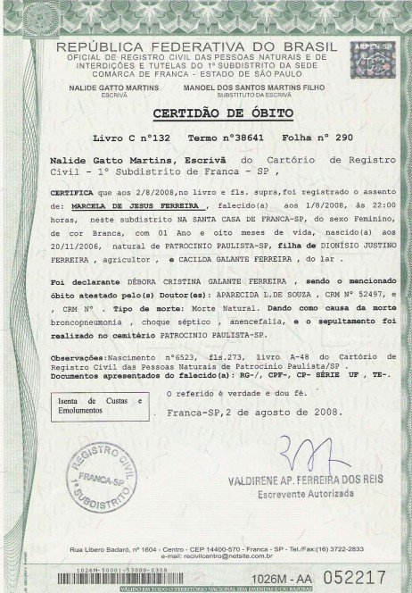 Documento oficial do óbito no Brasil Certidão de óbito